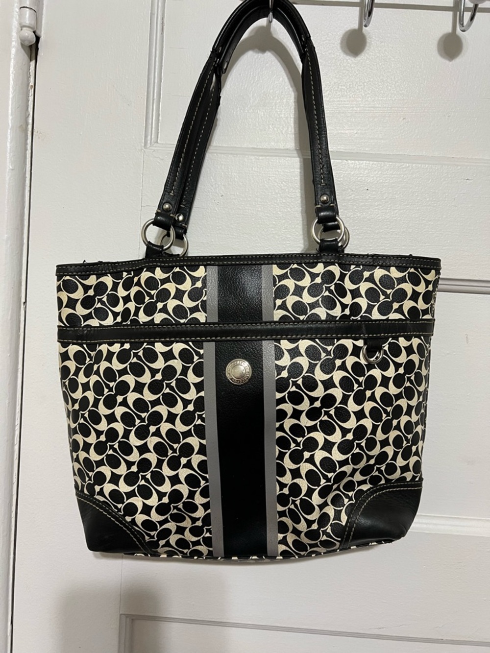 Coach Black & Cream Signature Tote with Center Stripe